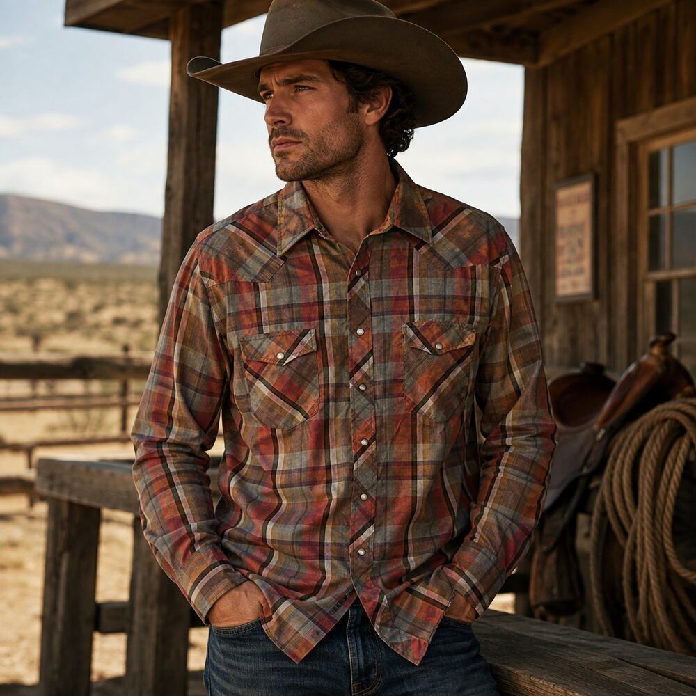 Wrangler vintage western pearl snap rust and grey snap Large country rodeo